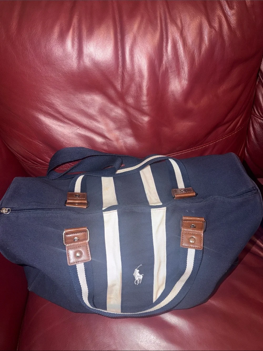 Ralph Lauren Navy Canvas Duffel with Cream Stripes and Brown Leather Trim